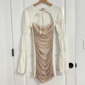 Storets White & Tan Long Balloon Sleeves Mini Dress